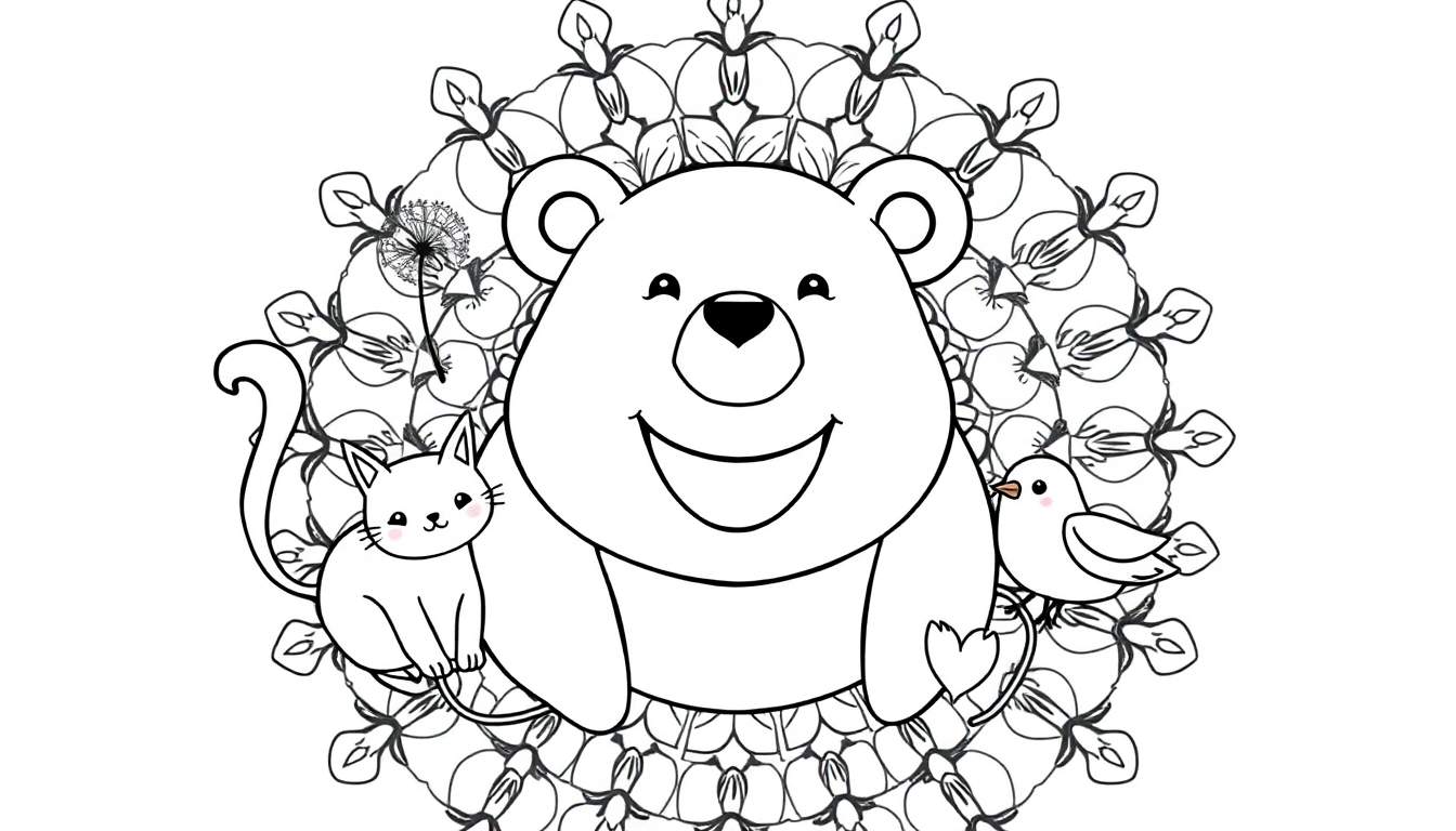 A cute black and white bear, cat, and bird in a mandala color panel.