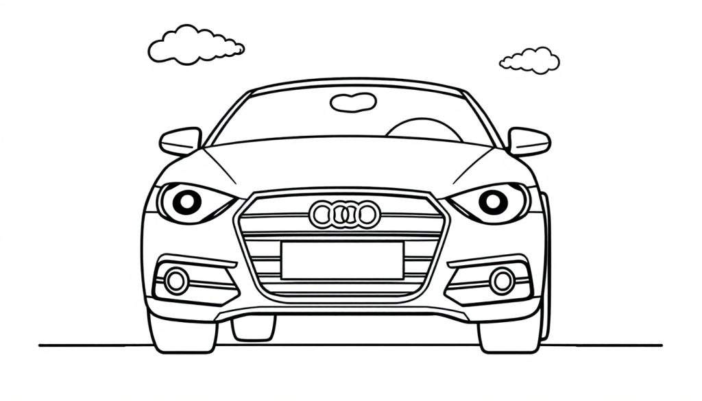 A cute Audi car with friendly headlights, part of a color panel, on a road with fluffy clouds.