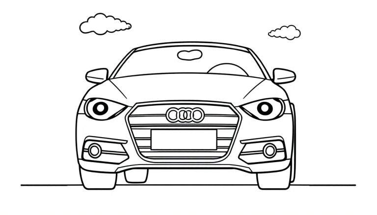 A cute Audi car with friendly headlights, part of a color panel, on a road with fluffy clouds.
