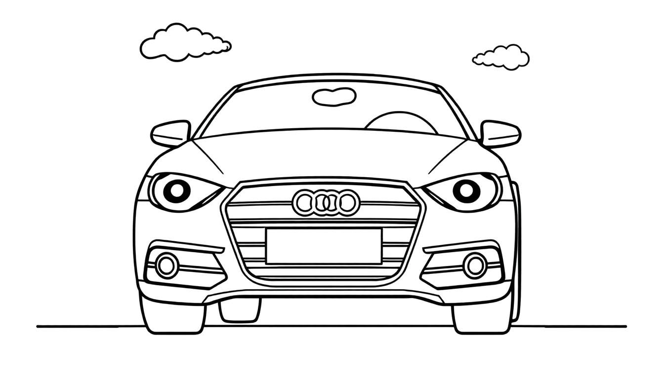 A cute Audi car with friendly headlights, part of a color panel, on a road with fluffy clouds.
