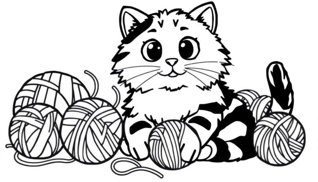 A cute black and white line drawing of a cat ready for a color panel, sitting among balls of yarn.