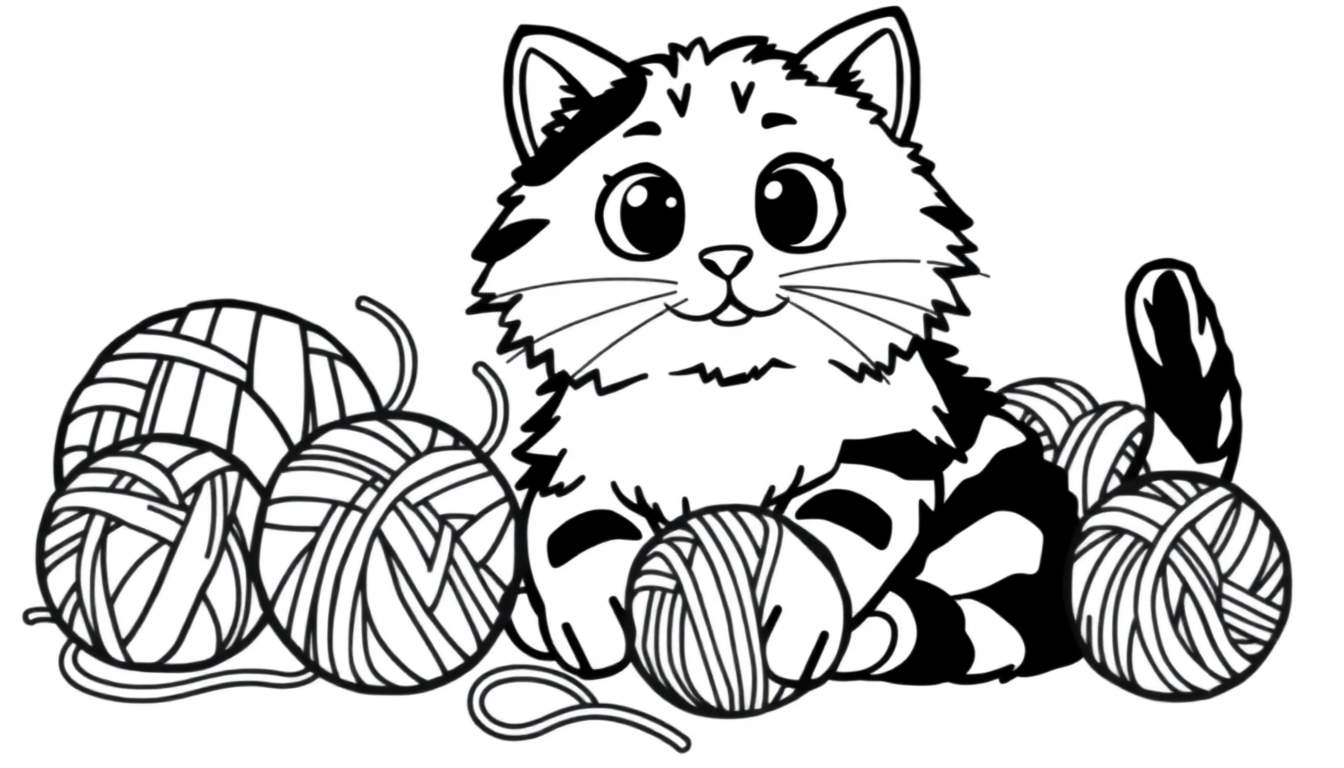 A cute black and white line drawing of a cat ready for a color panel, sitting among balls of yarn.