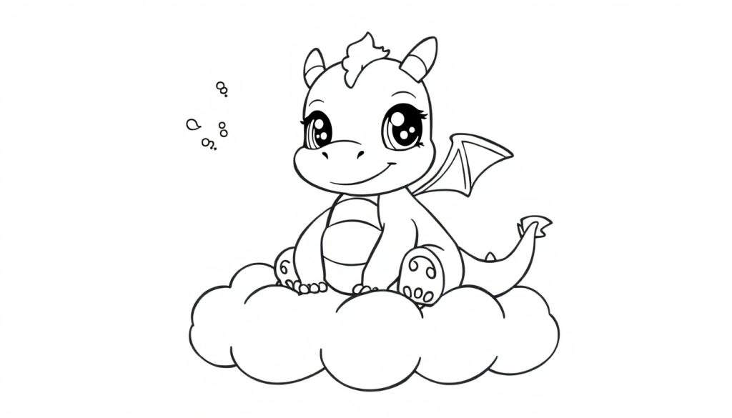 A cute cartoon dragon, ready for the color panel, sitting on a cloud.