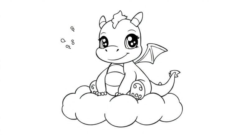 A cute cartoon dragon, ready for the color panel, sitting on a cloud.