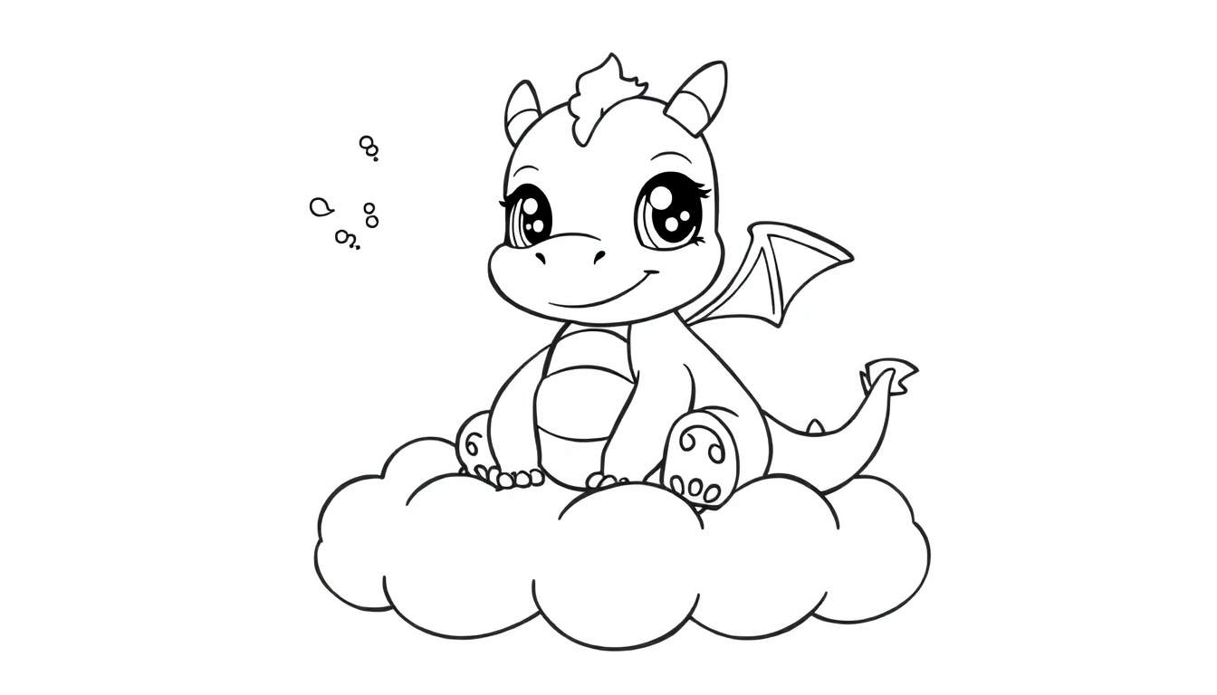 A cute cartoon dragon, ready for the color panel, sitting on a cloud.
