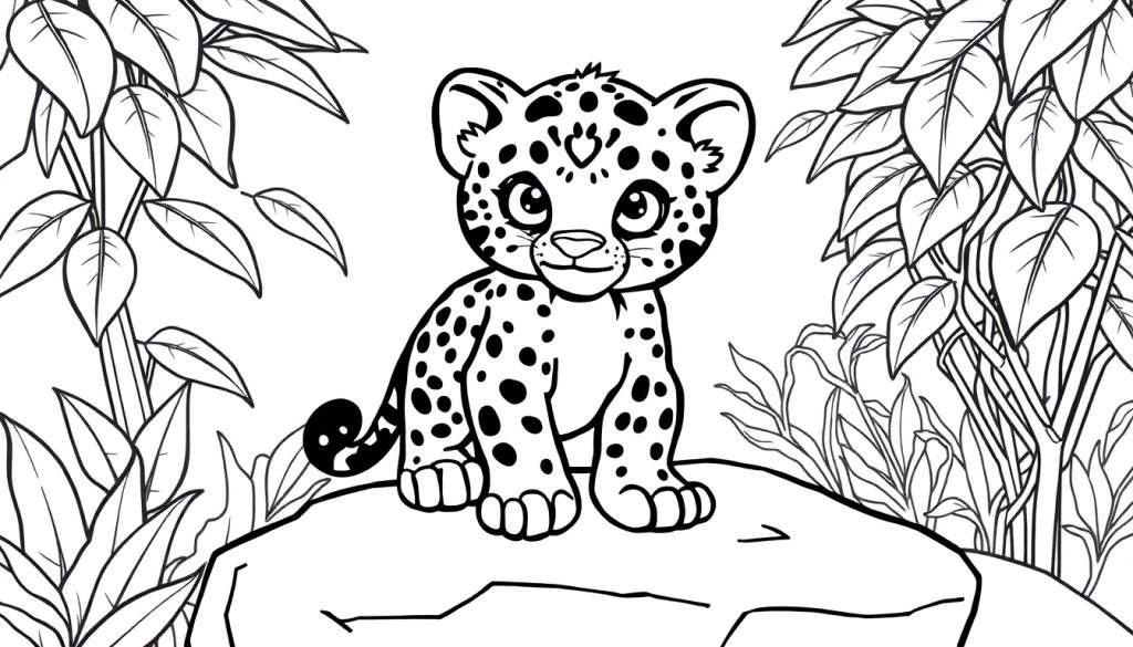 A cute jaguar cub with big eyes, ready for coloring in this black and white jungle scene color panel.