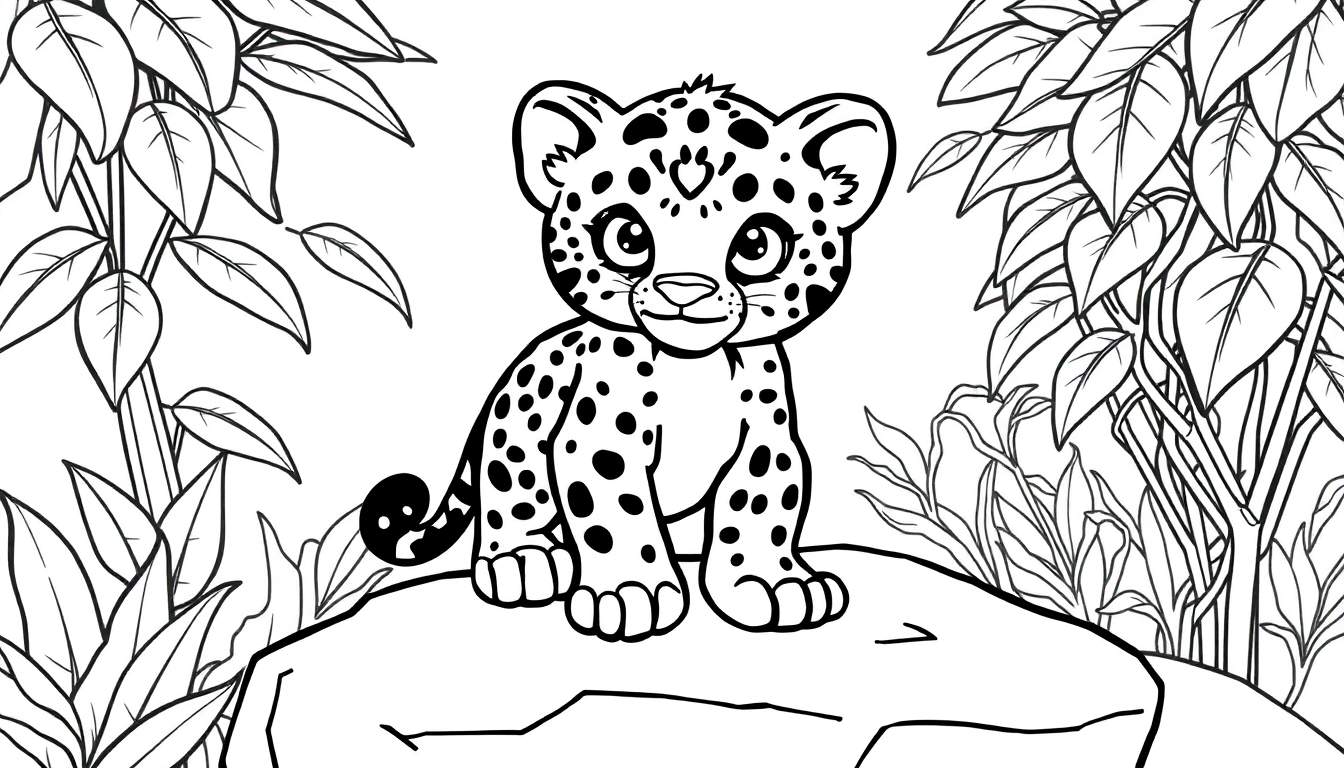A cute jaguar cub with big eyes, ready for coloring in this black and white jungle scene color panel.