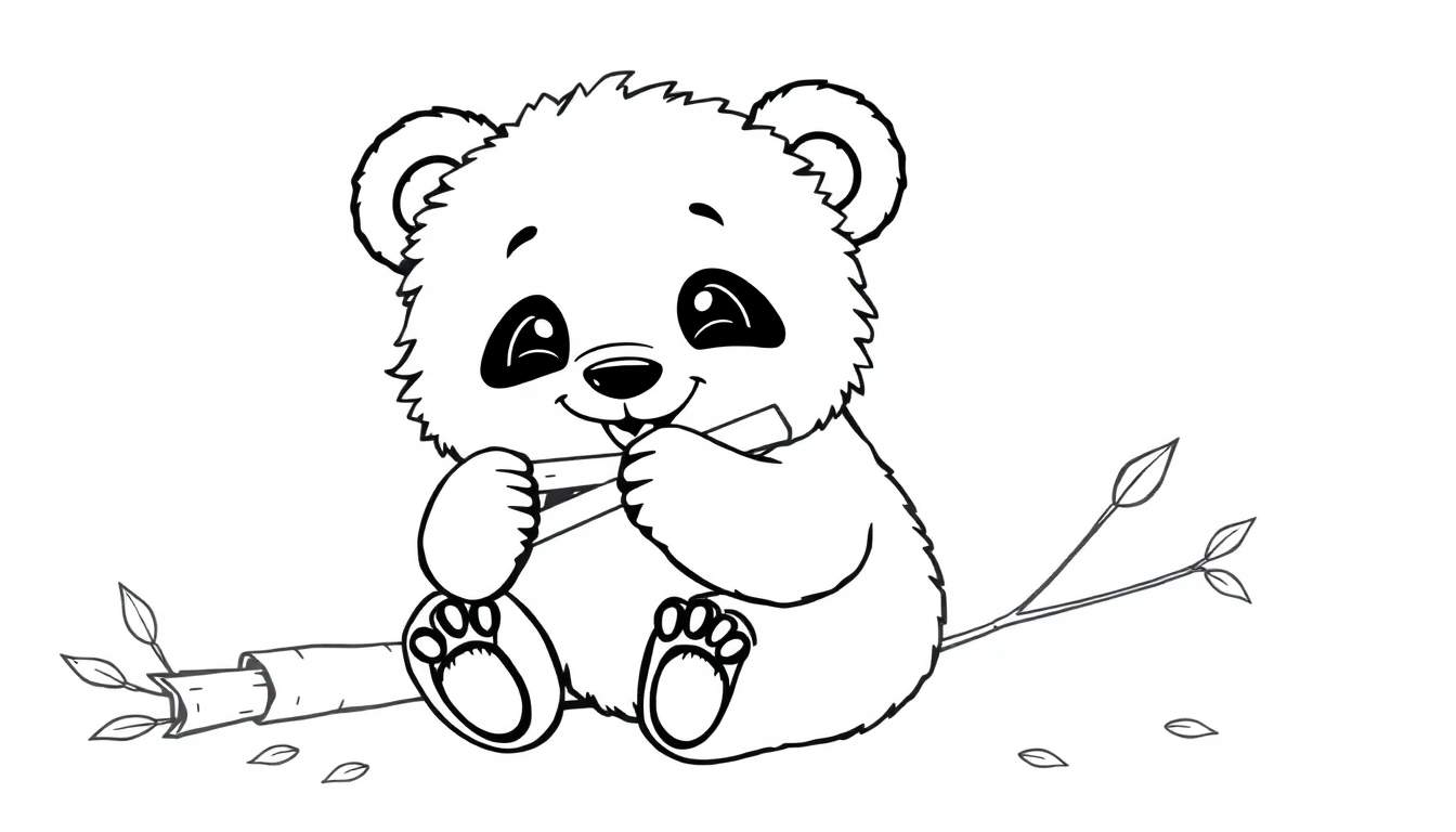 A cute panda cub in a color panel outline, happily munching on bamboo.