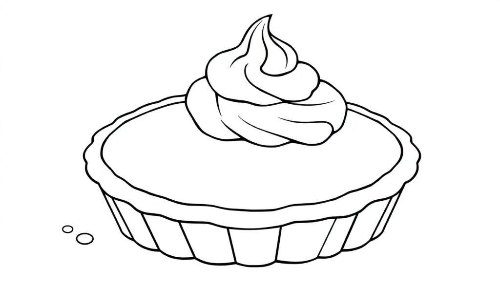 A black and white line drawing of a pumpkin pie with a swirl of whipped cream, perfect for a color panel.