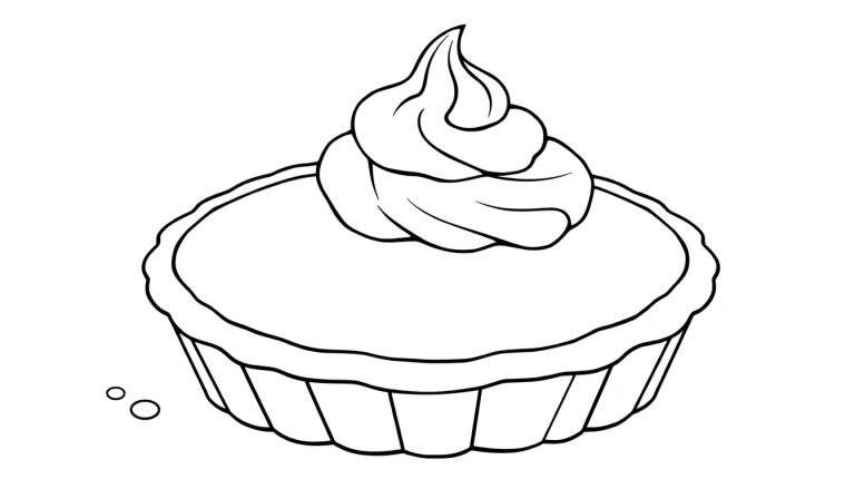A black and white line drawing of a pumpkin pie with a swirl of whipped cream, perfect for a color panel.