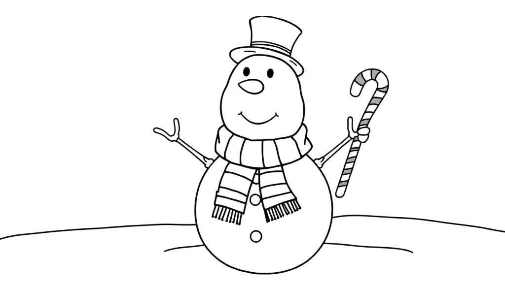 A cute black and white outline drawing of a snowman ready for a color panel. This snowman is wearing a top hat and a striped scarf, and holding a candy cane.