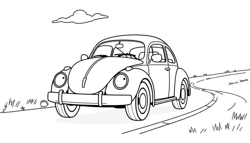 A cute cartoon Volkswagen Beetle ready for the color panel, on a winding road.
