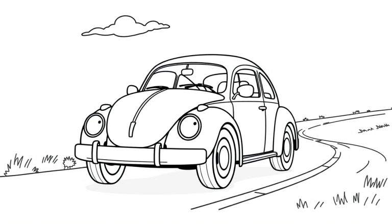 A cute cartoon Volkswagen Beetle ready for the color panel, on a winding road.