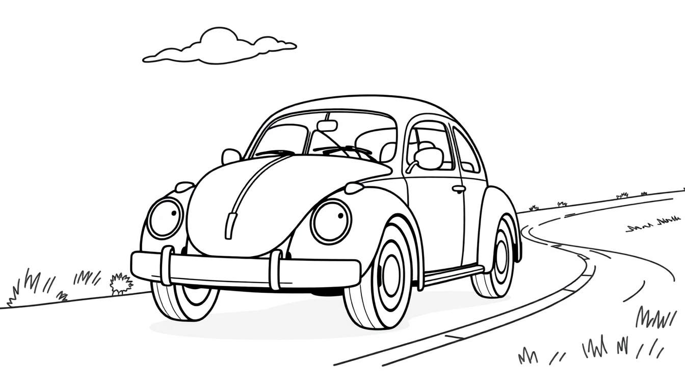 A cute cartoon Volkswagen Beetle ready for the color panel, on a winding road.