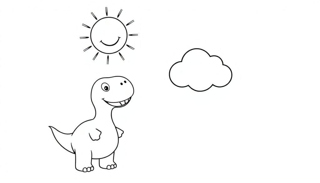 A black and white coloring page color panel showing a friendly dinosaur and a smiling sun under a cloud.