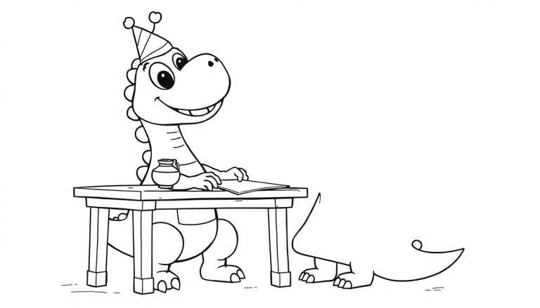 A cartoon dinosaur wearing a party hat writing in a color panel.