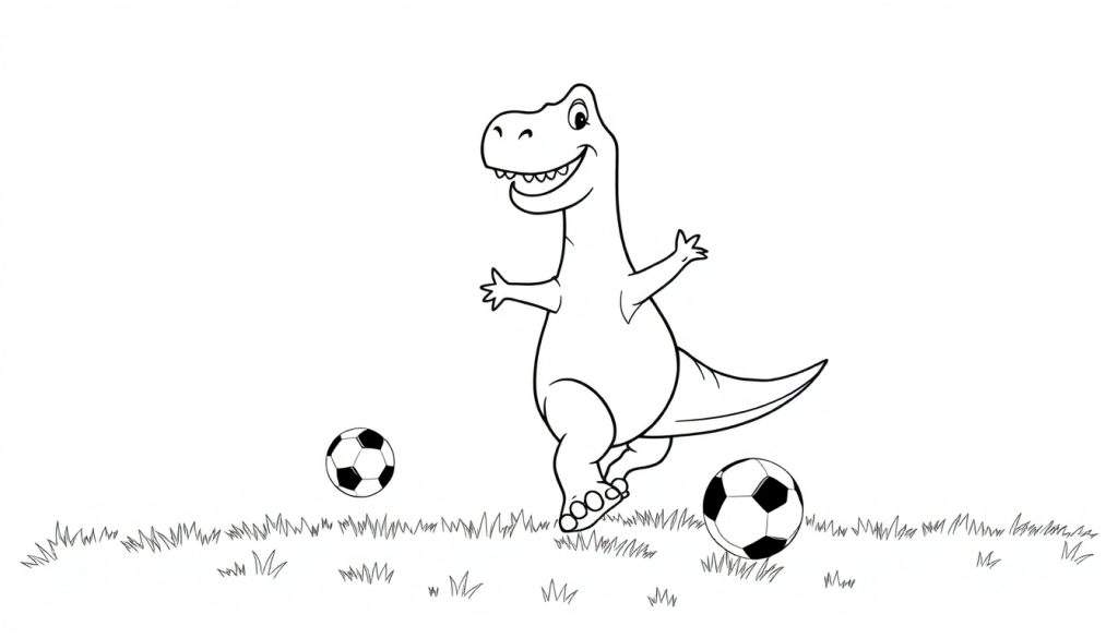 A black and white color panel of a smiling dinosaur playing soccer.