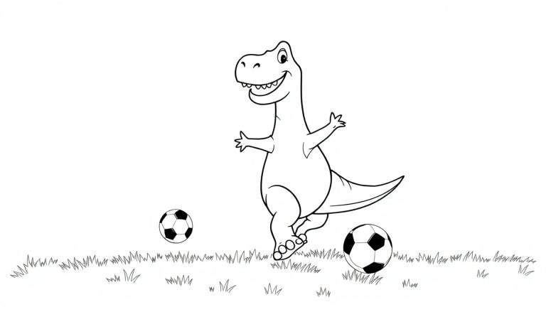 A black and white color panel of a smiling dinosaur playing soccer.