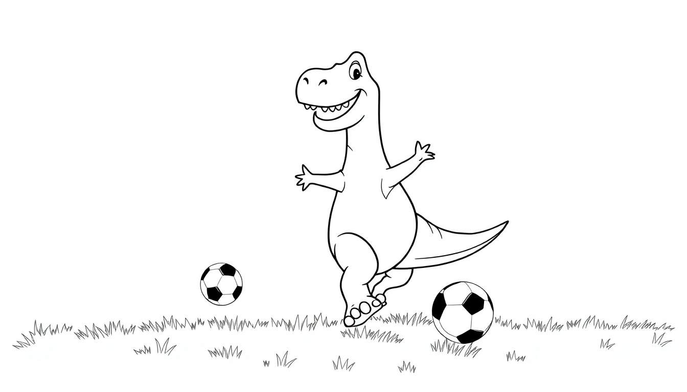 A black and white color panel of a smiling dinosaur playing soccer.