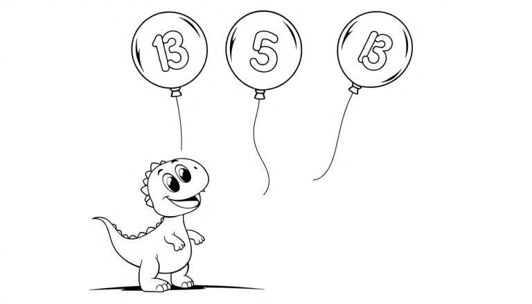 A happy cartoon dinosaur holding three numbered balloons (13, 5, 13) for a color panel.