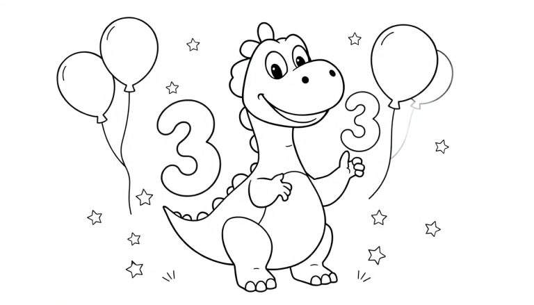 A smiling black and white dinosaur giving a thumbs-up, with balloons and the number 3, perfect for a coloring panel.