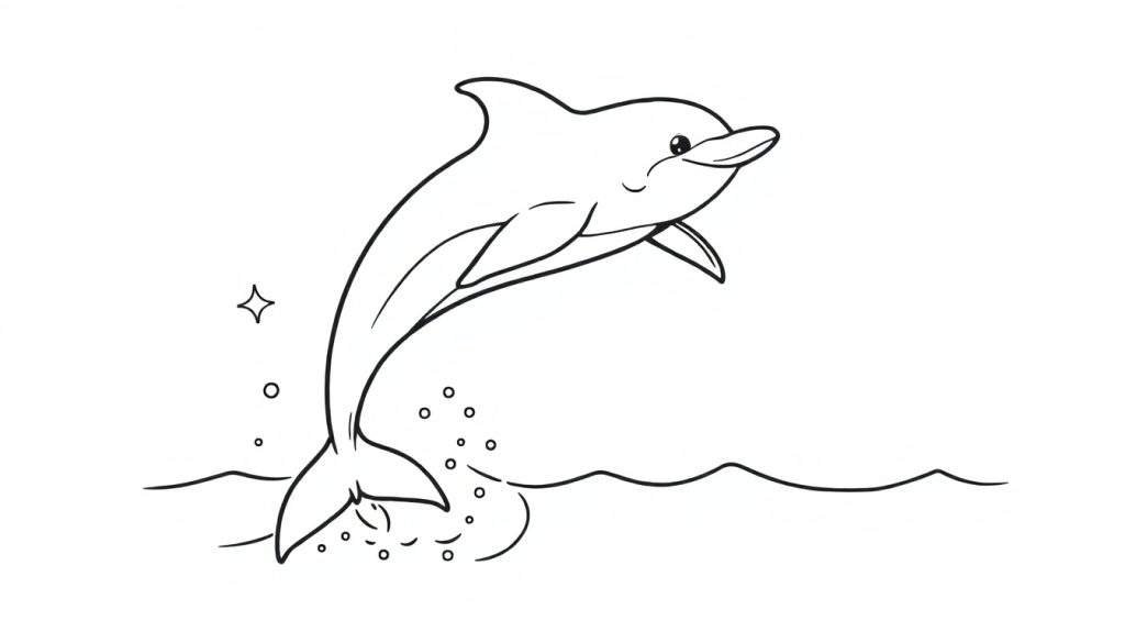 A happy dolphin leaping from the water, a black and white coloring panel.
