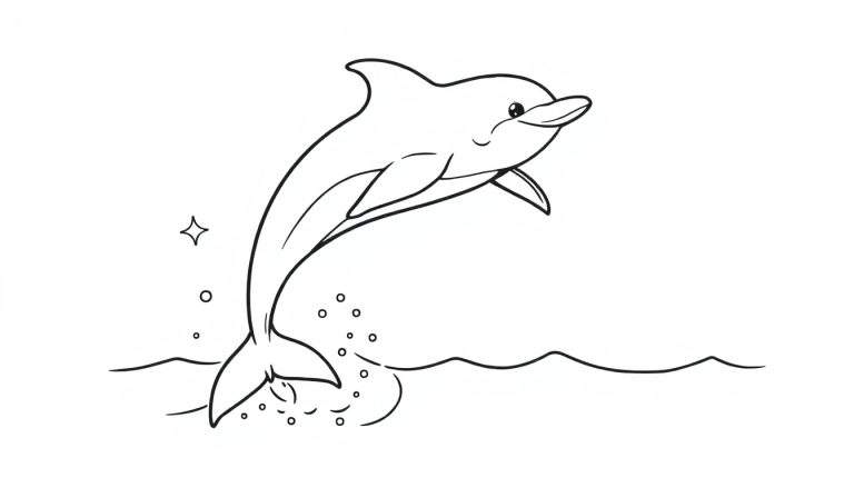 A happy dolphin leaping from the water, a black and white coloring panel.