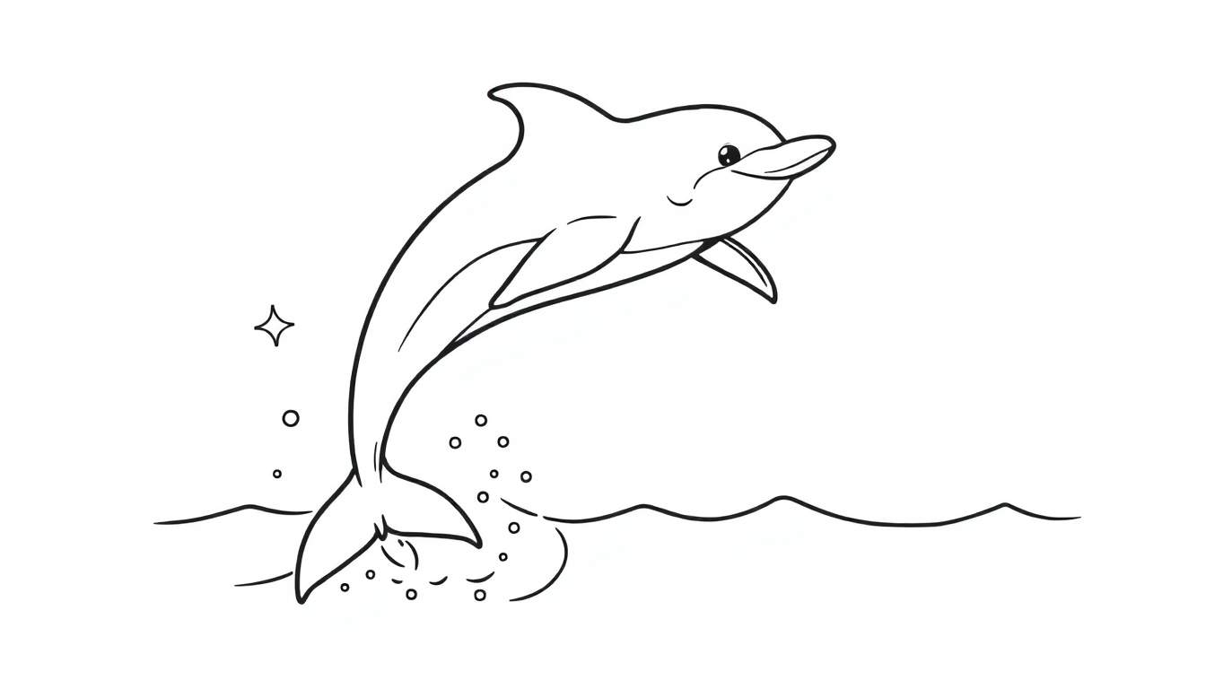 A happy dolphin leaping from the water, a black and white coloring panel.