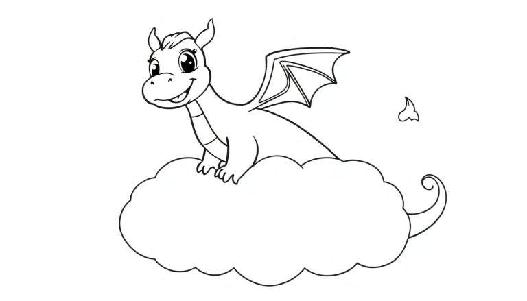 A cute dragon coloring panel on a cloud.