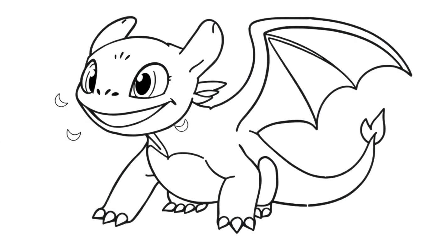 A cute black and white outline of a dragon, perfect for a color panel.