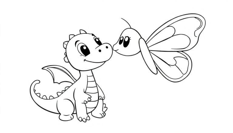 A cute baby dragon and a butterfly are about to touch noses, ready for a color panel.