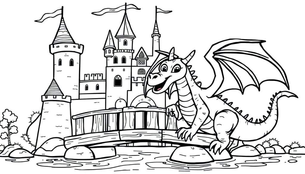A friendly dragon coloring page near a castle.