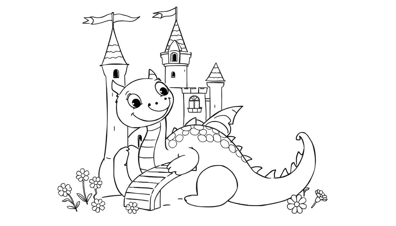 A friendly dragon rests on a bridge by a colorful castle in this coloring panel.