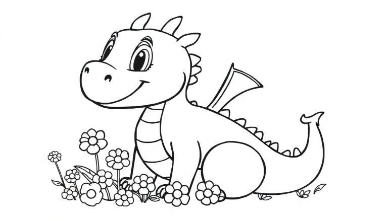 A friendly cartoon dragon sitting in flowers, ready for the color panel.