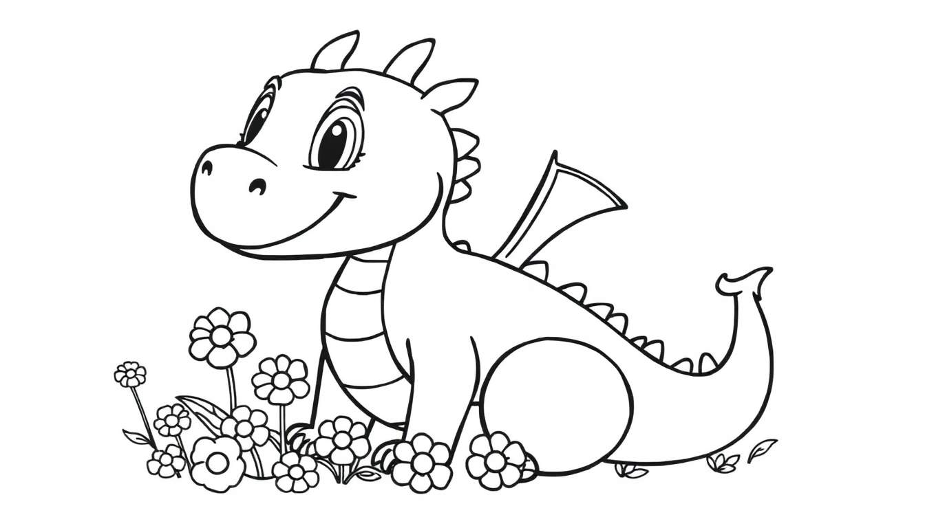 A friendly cartoon dragon sitting in flowers, ready for the color panel.