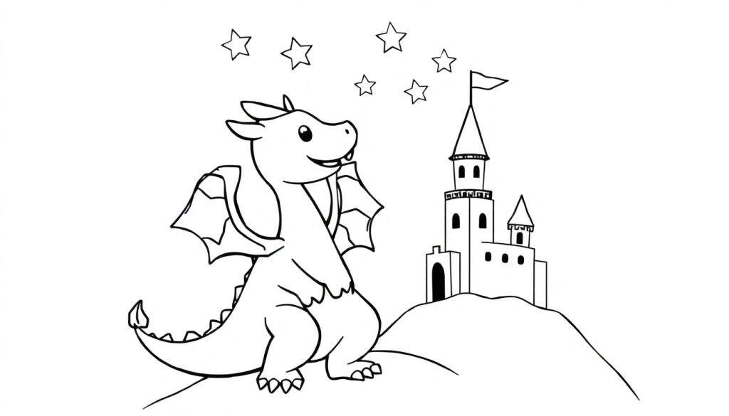 A friendly dragon ready to be colored on a color panel, with a small castle and stars in the background.