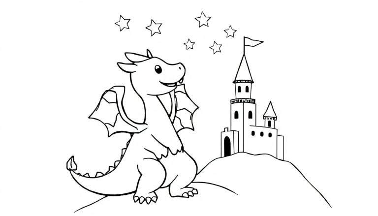 A friendly dragon ready to be colored on a color panel, with a small castle and stars in the background.