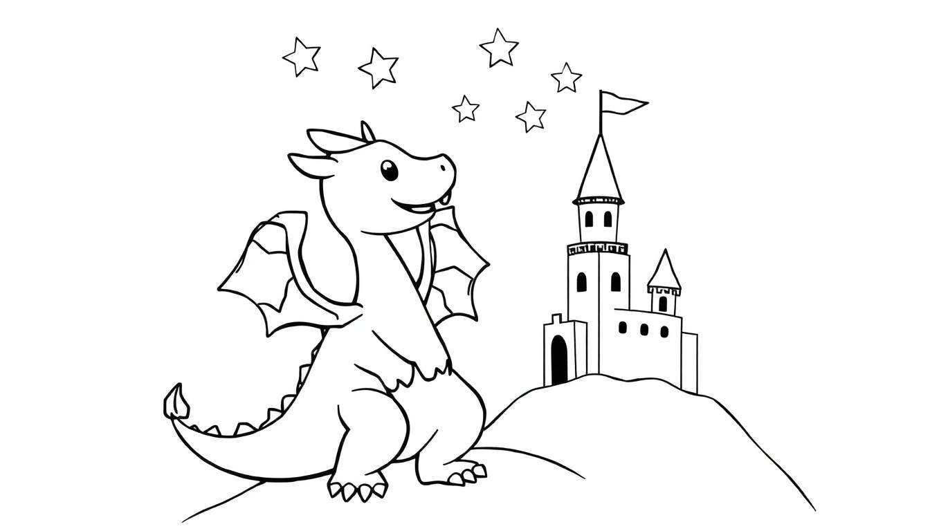 A friendly dragon ready to be colored on a color panel, with a small castle and stars in the background.