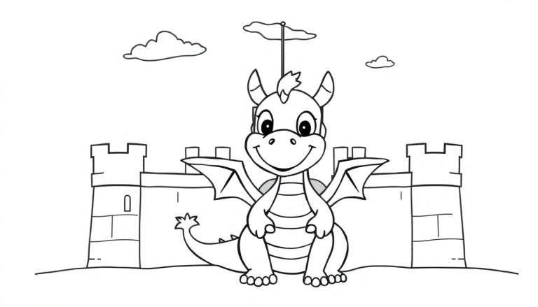 A friendly black and white cartoon dragon sits in front of a castle, ready for a coloring panel.