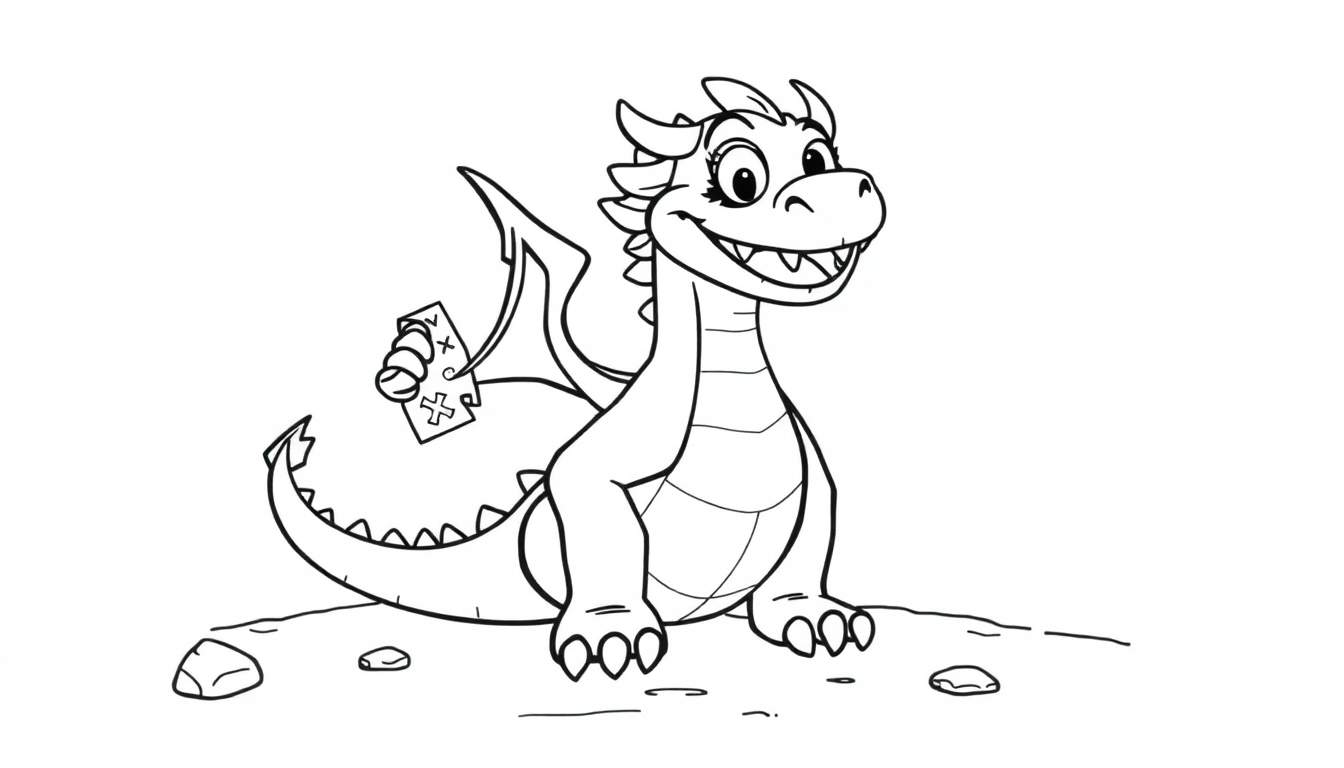 A friendly cartoon dragon holding a game controller, ready for a color panel adventure.
