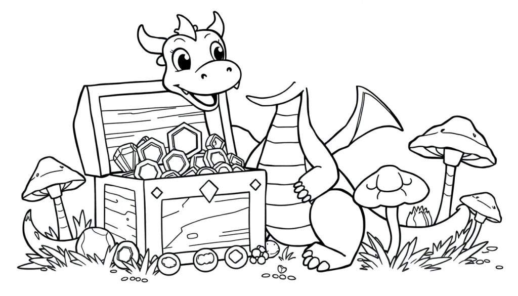 A friendly dragon smiling next to a treasure chest overflowing with gold and gems, with mushrooms around, in a black and white coloring panel.