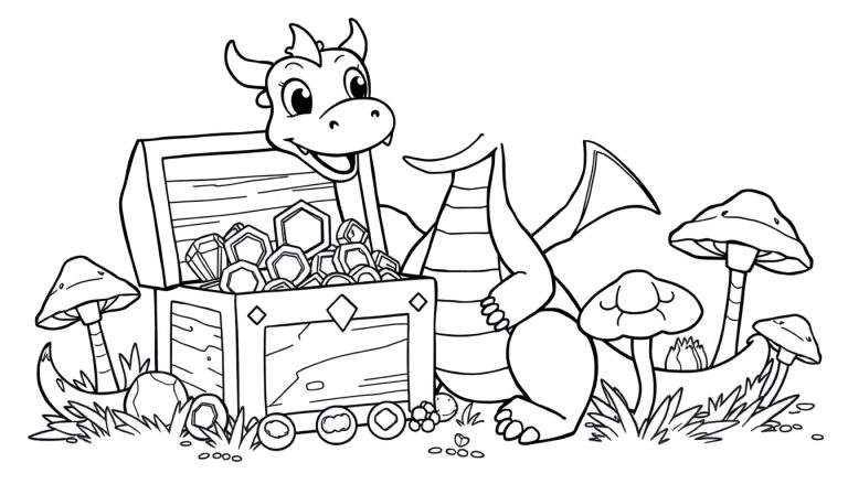 A friendly dragon smiling next to a treasure chest overflowing with gold and gems, with mushrooms around, in a black and white coloring panel.