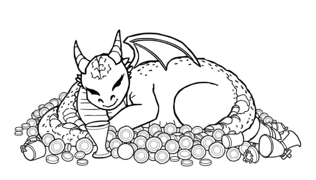 A friendly dragon snoozing on a pile of treasure in a black and white color panel, ready to be colored.