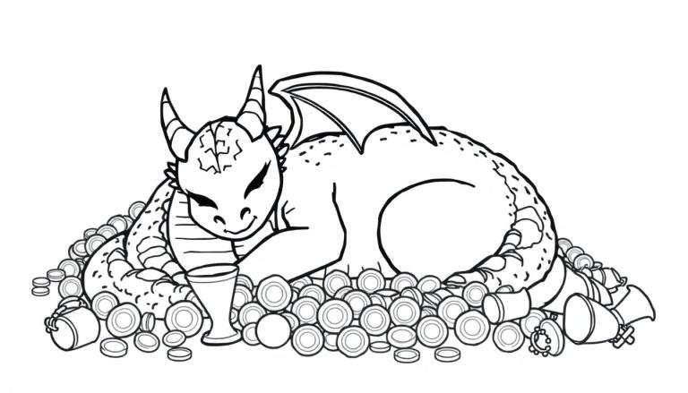 A friendly dragon snoozing on a pile of treasure in a black and white color panel, ready to be colored.
