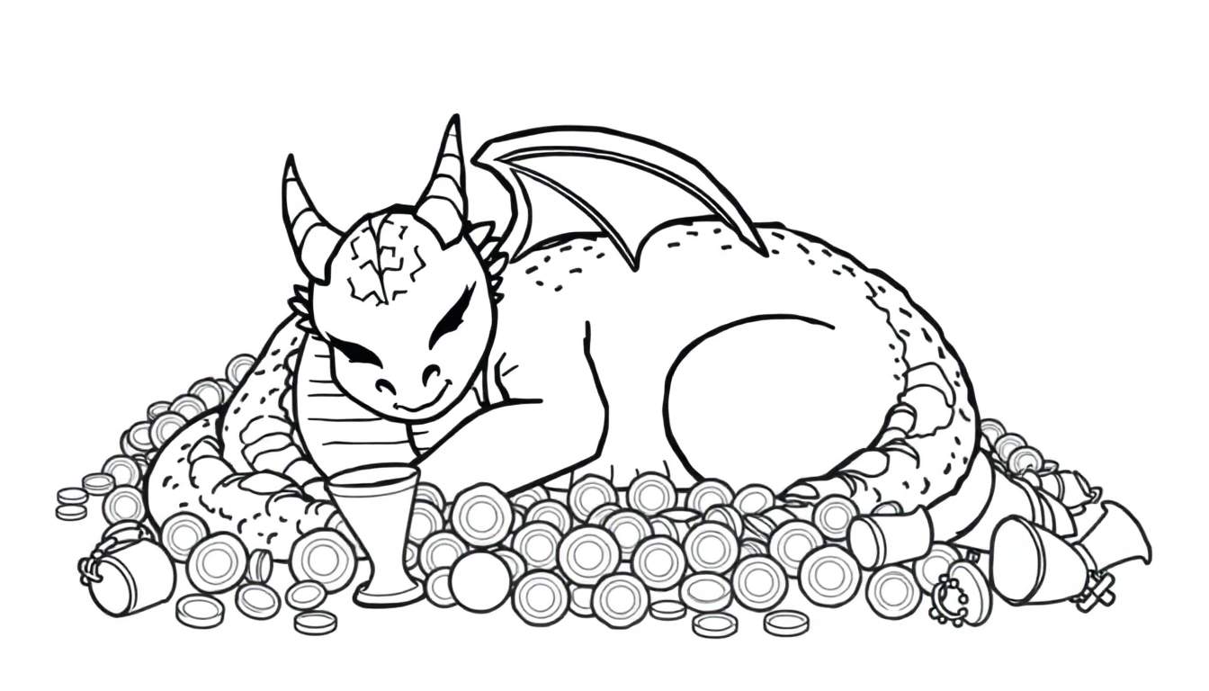 A friendly dragon snoozing on a pile of treasure in a black and white color panel, ready to be colored.