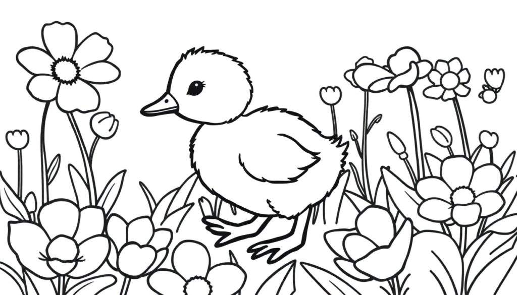 A cute duckling in a flower field, ready for coloring fun! This black and white color panel is perfect for little artists.