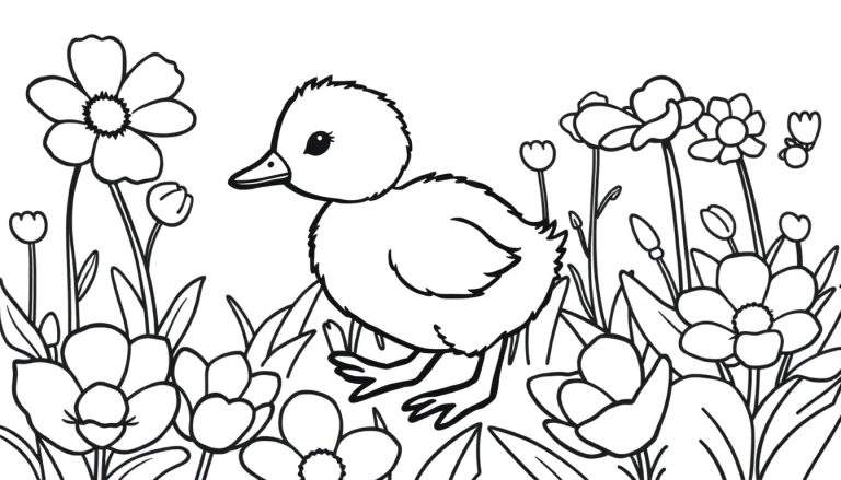 A cute duckling in a flower field, ready for coloring fun! This black and white color panel is perfect for little artists.