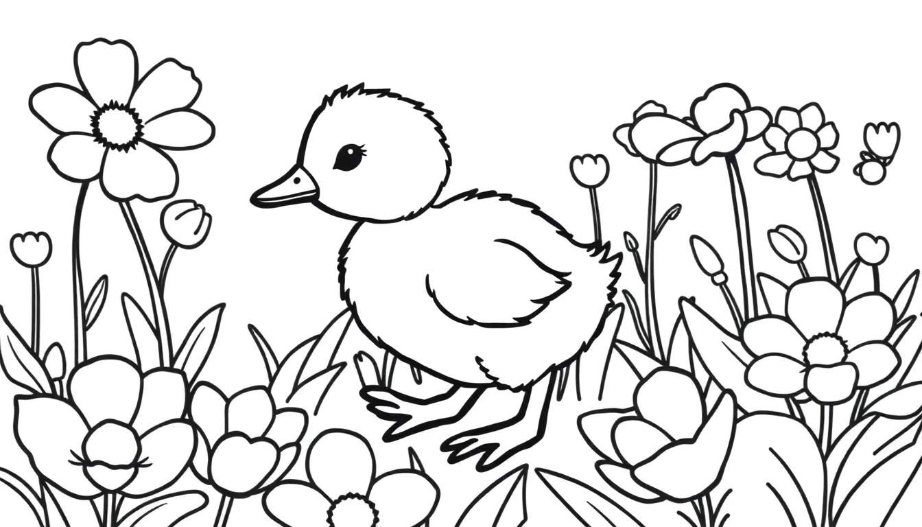 A cute duckling in a flower field, ready for coloring fun! This black and white color panel is perfect for little artists.