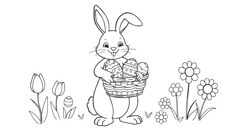 A happy Easter bunny in a black and white color panel, holding a basket of decorated eggs and surrounded by flowers.