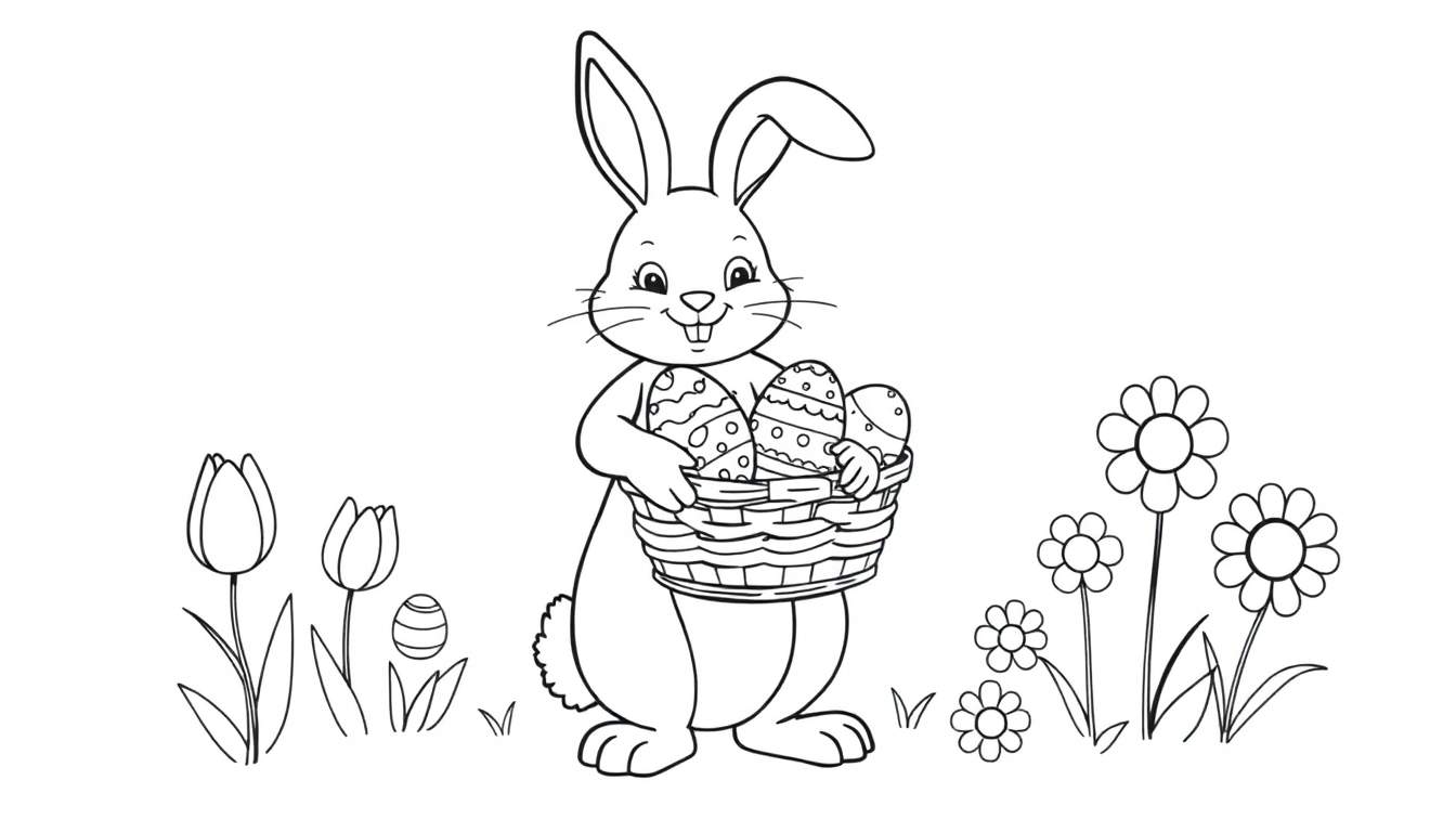 A happy Easter bunny in a black and white color panel, holding a basket of decorated eggs and surrounded by flowers.